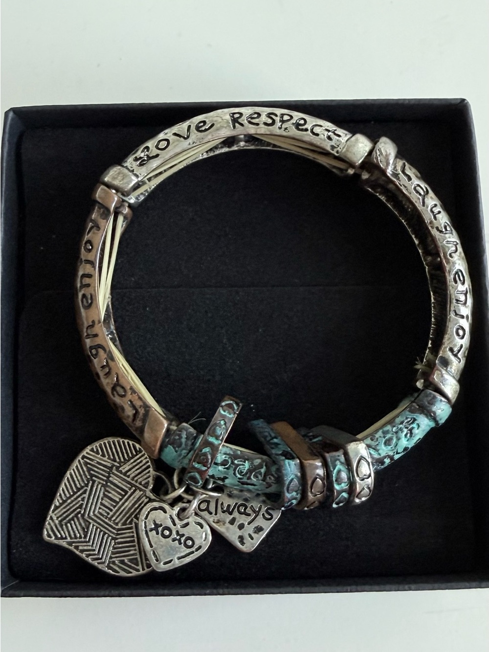 Silver Tone Charm Bangle Bracelet with Turquoise Patina